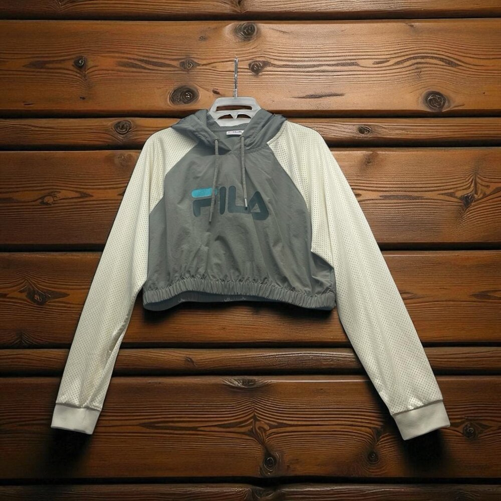 Fila Cropped Mesh Sleeved Hoodie Women’s XL  Gray Cream